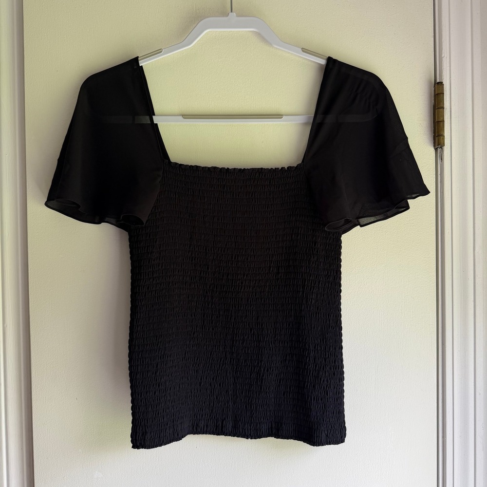 Theory Black Smocked Flutter Sleeve Square Neck Top M0405512 Size M